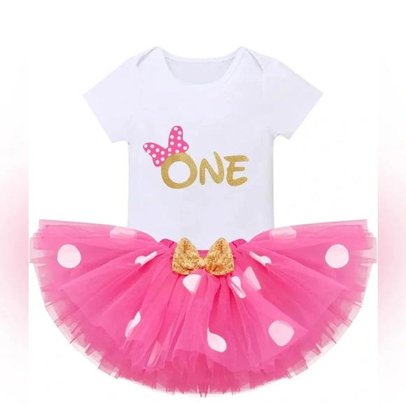 Other - Baby Girls 1st Birthday Outfit Polka Dots ONE Romper Tutu Skirt.